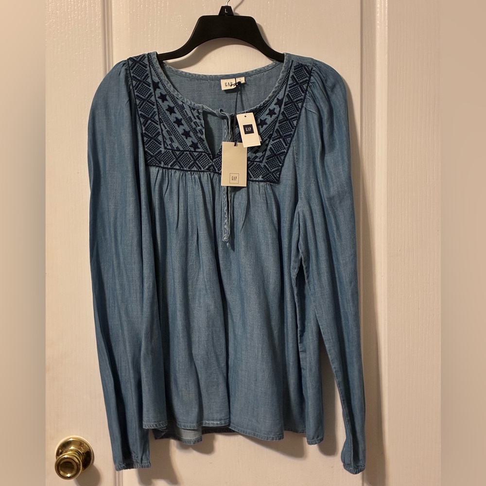 NWT GAP Denim Blue Embroidered Blouse